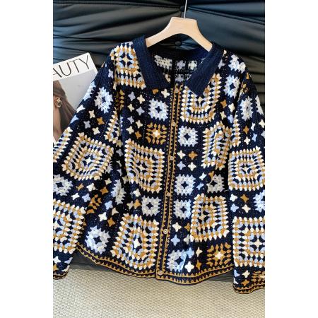 FA54660# 设计感小众翻领毛衣秋季新款上衣宽松钩花针织开衫外套女  服裝批發女裝批發服飾貨源