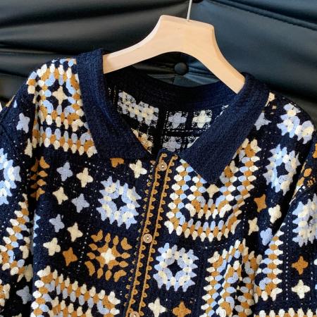 FA54660# 设计感小众翻领毛衣秋季新款上衣宽松钩花针织开衫外套女  服裝批發女裝批發服飾貨源