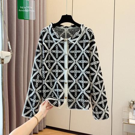 FA54661# 秋季慵懒设计感复古翻领镂空花纹开衫女钩花针织时尚撞色外套  服裝批發女裝批發服飾貨源