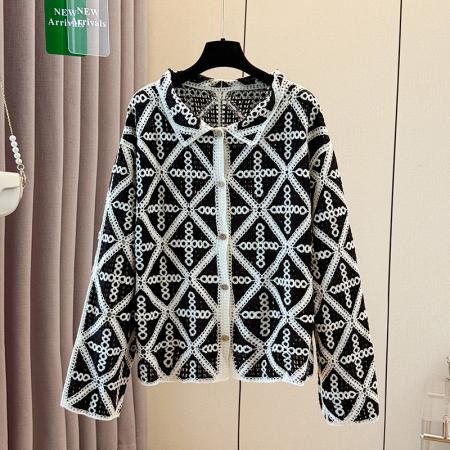 FA54661# 秋季慵懒设计感复古翻领镂空花纹开衫女钩花针织时尚撞色外套  服裝批發女裝批發服飾貨源