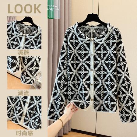FA54661# 秋季慵懒设计感复古翻领镂空花纹开衫女钩花针织时尚撞色外套  服裝批發女裝批發服飾貨源