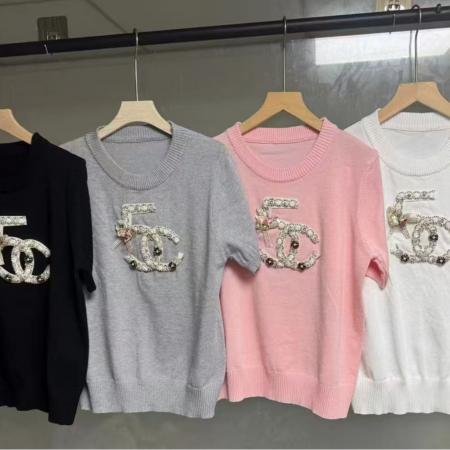 FA54662# 夏季新款法式短袖冰凉针织衫女设计感花朵钉珠上衣女  服裝批發女裝批發服飾貨源
