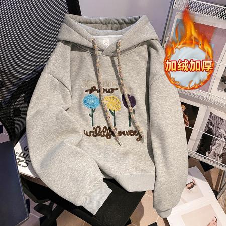 FA54663# 纯棉华棉复合奥粒绒卫衣女装秋冬新款刺绣花连帽保暖上衣  服裝批發女裝批發服飾貨源