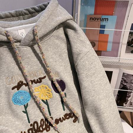 FA54663# 纯棉华棉复合奥粒绒卫衣女装秋冬新款刺绣花连帽保暖上衣  服裝批發女裝批發服飾貨源