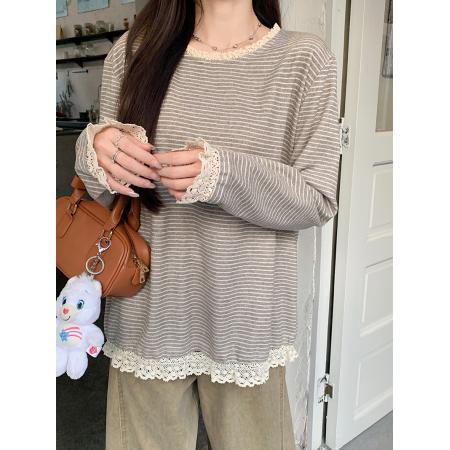 FA54664# 仿羊绒长袖t恤打底衫女装薄款蕾丝花边春秋圆领上衣  服裝批發女裝批發服飾貨源