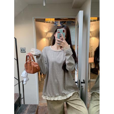 FA54664# 仿羊绒长袖t恤打底衫女装薄款蕾丝花边春秋圆领上衣  服裝批發女裝批發服飾貨源