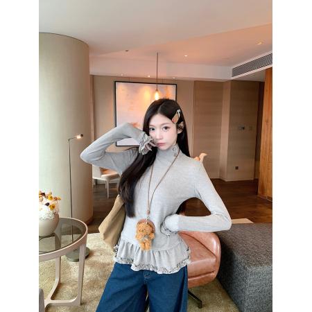 FA54666# 阳离子德绒春秋长袖t恤打底衫女装木耳花边高领上衣  服裝批發女裝批發服飾貨源