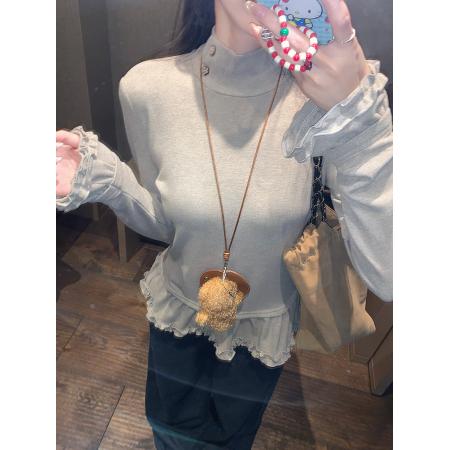 FA54666# 阳离子德绒春秋长袖t恤打底衫女装木耳花边高领上衣  服裝批發女裝批發服飾貨源