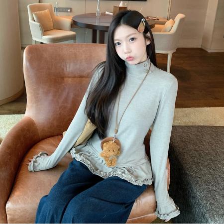 FA54666# 阳离子德绒春秋长袖t恤打底衫女装木耳花边高领上衣  服裝批發女裝批發服飾貨源