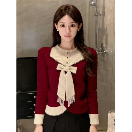 FA54667# 红色蝴蝶结针织打底衫女秋冬轻熟气质名媛百搭独特漂亮毛衣春  服裝批發女裝批發服飾貨源