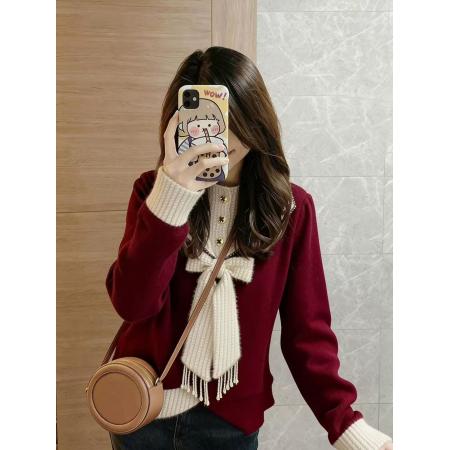 FA54667# 红色蝴蝶结针织打底衫女秋冬轻熟气质名媛百搭独特漂亮毛衣春  服裝批發女裝批發服飾貨源