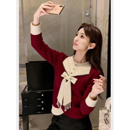 FA54667# 红色蝴蝶结针织打底衫女秋冬轻熟气质名媛百搭独特漂亮毛衣春  服裝批發女裝批發服飾貨源