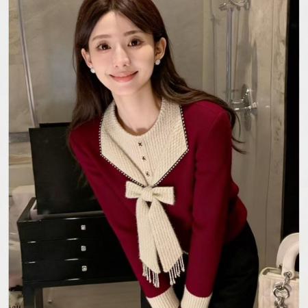 FA54667# 红色蝴蝶结针织打底衫女秋冬轻熟气质名媛百搭独特漂亮毛衣春  服裝批發女裝批發服飾貨源