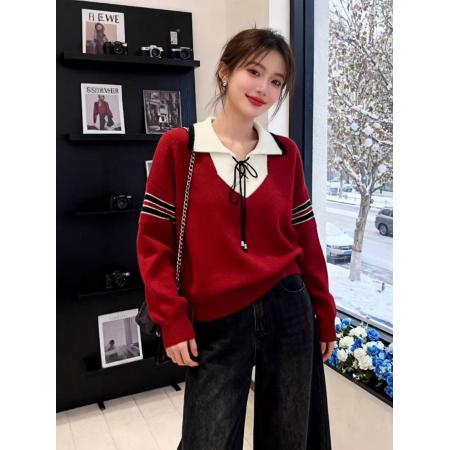 FA54668# 撞色拼接polo领毛衣女春季新款设计感小众内搭长袖  服裝批發女裝批發服飾貨源