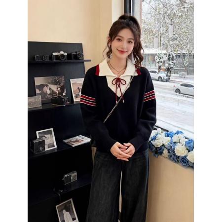 FA54668# 撞色拼接polo领毛衣女春季新款设计感小众内搭长袖  服裝批發女裝批發服飾貨源