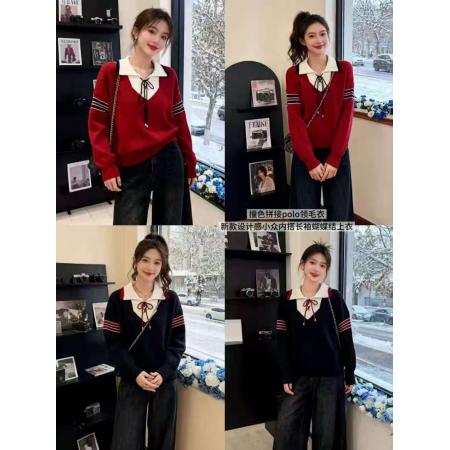 FA54668# 撞色拼接polo领毛衣女春季新款设计感小众内搭长袖  服裝批發女裝批發服飾貨源