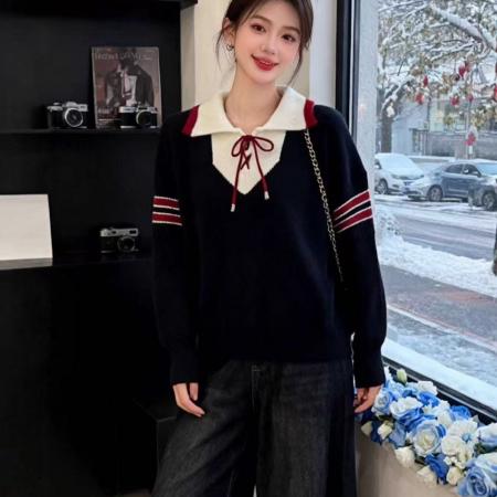 FA54668# 撞色拼接polo领毛衣女春季新款设计感小众内搭长袖  服裝批發女裝批發服飾貨源