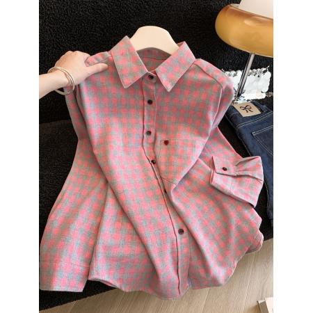 FA54669# 粉色爱心格子磨毛长袖衬衫宽松内搭上衣女今年流行  服裝批發女裝批發服飾貨源