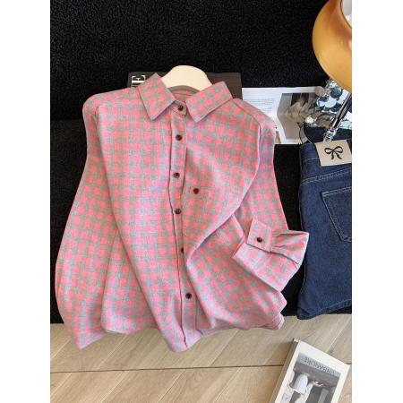 FA54669# 粉色爱心格子磨毛长袖衬衫宽松内搭上衣女今年流行  服裝批發女裝批發服飾貨源