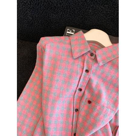 FA54669# 粉色爱心格子磨毛长袖衬衫宽松内搭上衣女今年流行  服裝批發女裝批發服飾貨源