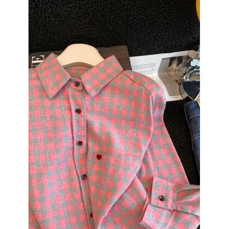 FA54669# 粉色爱心格子磨毛长袖衬衫宽松内搭上衣女今年流行  服裝批發女裝批發服飾貨源