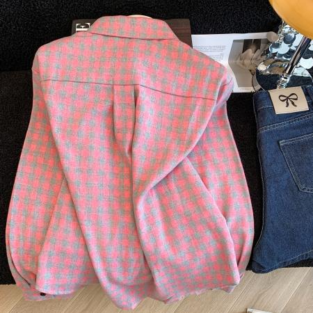 FA54669# 粉色爱心格子磨毛长袖衬衫宽松内搭上衣女今年流行  服裝批發女裝批發服飾貨源