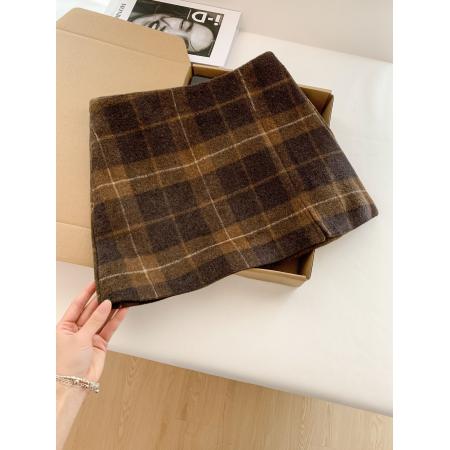 FA54670# 学院风格纹毛呢短裙秋冬新款复古高腰A字开叉包臀裙女  服裝批發女裝批發服飾貨源