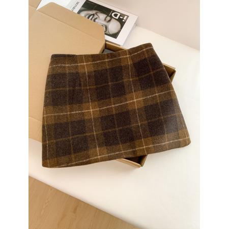 FA54670# 学院风格纹毛呢短裙秋冬新款复古高腰A字开叉包臀裙女  服裝批發女裝批發服飾貨源