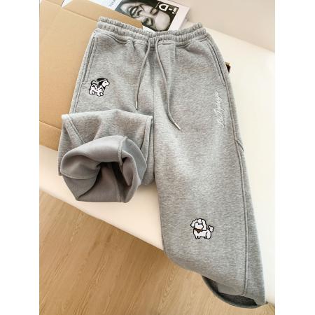 FA54671# 加绒加厚小狗刺绣休闲运动卫裤女冬季新款高腰百搭阔腿长裤  服裝批發女裝批發服飾貨源