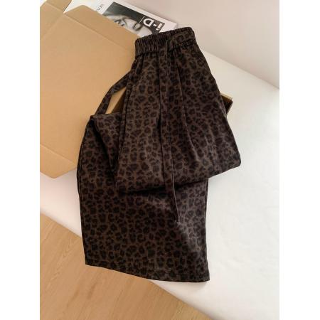 FA54672# 复古时尚豹纹阔腿裤女秋冬新款高腰系带显瘦休闲长裤  服裝批發女裝批發服飾貨源