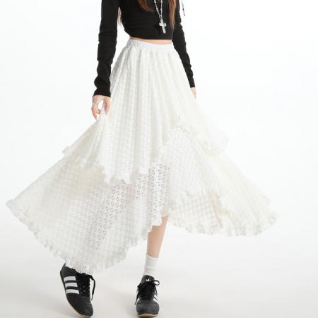 FA54675# 春季新款设计感蕾丝拼接不规则长裙松紧腰显瘦减龄半身裙  服裝批發女裝批發服飾貨源