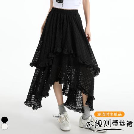 FA54675# 春季新款设计感蕾丝拼接不规则长裙松紧腰显瘦减龄半身裙  服裝批發女裝批發服飾貨源