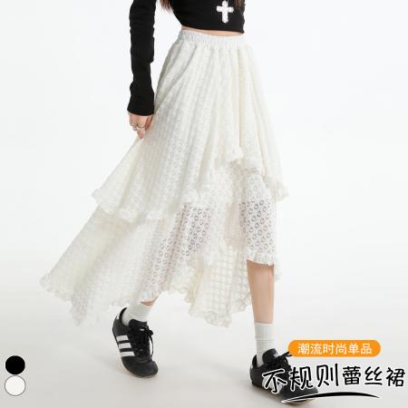 FA54675# 春季新款设计感蕾丝拼接不规则长裙松紧腰显瘦减龄半身裙  服裝批發女裝批發服飾貨源