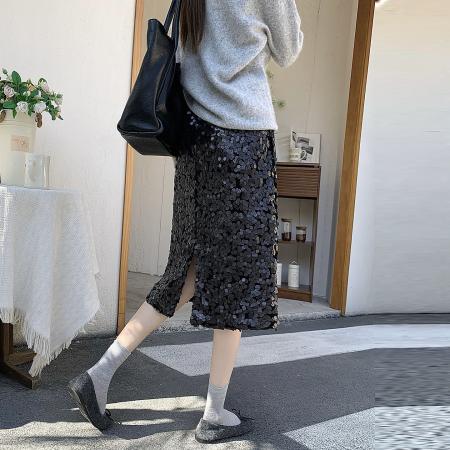 FA54676# 亮片闪闪半身裙后开叉包臀中裙女秋冬质感小众设计感派对裙  服裝批發女裝批發服飾貨源