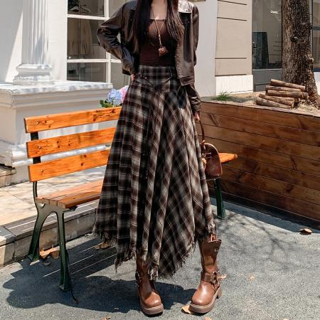 FA54677# 春季新款流浪风不规则格子半身裙高腰显瘦过膝中长裙  服裝批發女裝批發服飾貨源