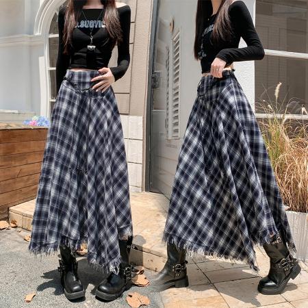 FA54677# 春季新款流浪风不规则格子半身裙高腰显瘦过膝中长裙  服裝批發女裝批發服飾貨源