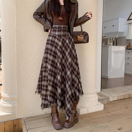 FA54677# 春季新款流浪风不规则格子半身裙高腰显瘦过膝中长裙  服裝批發女裝批發服飾貨源