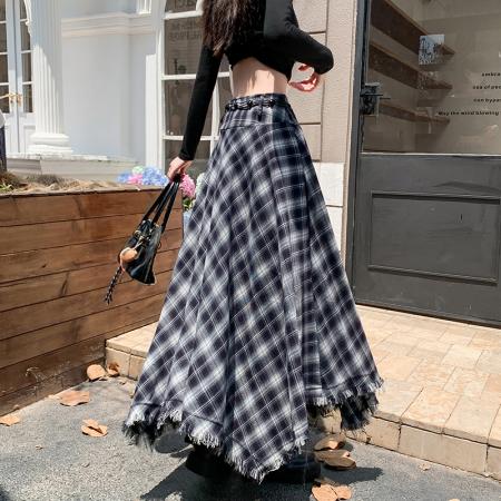 FA54677# 春季新款流浪风不规则格子半身裙高腰显瘦过膝中长裙  服裝批發女裝批發服飾貨源