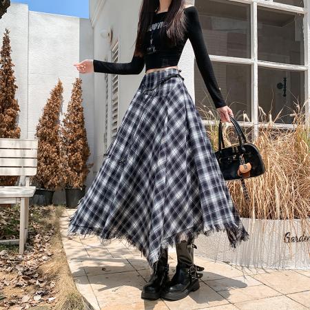 FA54677# 春季新款流浪风不规则格子半身裙高腰显瘦过膝中长裙  服裝批發女裝批發服飾貨源