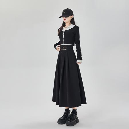 FA54678# 百褶中长款西装裙国风法式赫本纯色大摆裙遮胯A字伞裙潮  服裝批發女裝批發服飾貨源