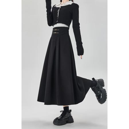 FA54678# 百褶中长款西装裙国风法式赫本纯色大摆裙遮胯A字伞裙潮  服裝批發女裝批發服飾貨源