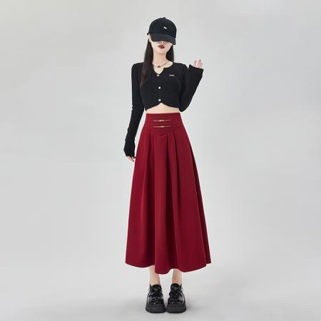 FA54678# 百褶中长款西装裙国风法式赫本纯色大摆裙遮胯A字伞裙潮  服裝批發女裝批發服飾貨源