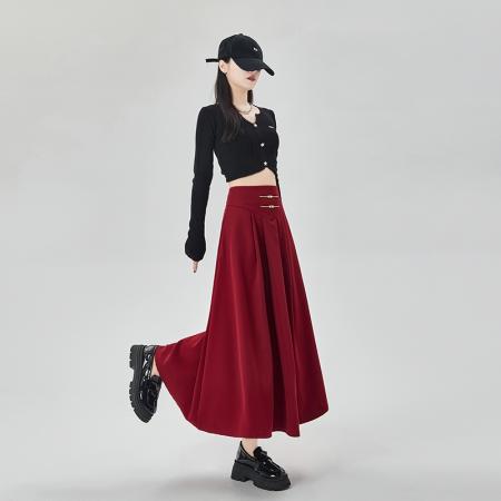 FA54678# 百褶中长款西装裙国风法式赫本纯色大摆裙遮胯A字伞裙潮  服裝批發女裝批發服飾貨源