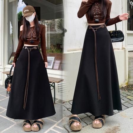 FA54679# 春款法式文艺御姐风高级感长裙气质百搭高腰显瘦A字裙  服裝批發女裝批發服飾貨源