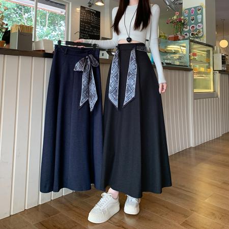 FA54680# 设计感韩系简约百搭半身裙春新款时尚显瘦丝巾腰带A字中长裙  服裝批發女裝批發服飾貨源