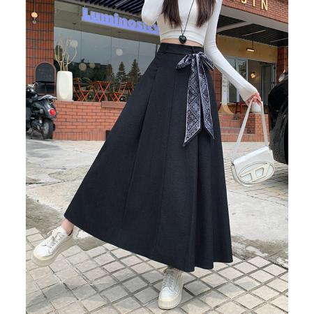 FA54680# 设计感韩系简约百搭半身裙春新款时尚显瘦丝巾腰带A字中长裙  服裝批發女裝批發服飾貨源