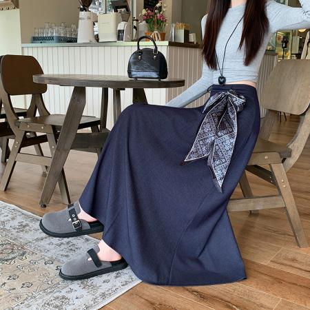 FA54680# 设计感韩系简约百搭半身裙春新款时尚显瘦丝巾腰带A字中长裙  服裝批發女裝批發服飾貨源