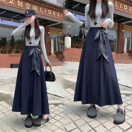 FA54680# 设计感韩系简约百搭半身裙春新款时尚显瘦丝巾腰带A字中长裙  服裝批發女裝批發服飾貨源