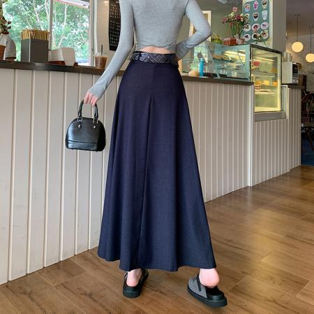 FA54680# 设计感韩系简约百搭半身裙春新款时尚显瘦丝巾腰带A字中长裙  服裝批發女裝批發服飾貨源