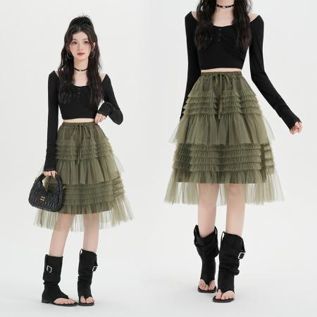 FA54681# 木耳边拼接蓬蓬网纱半身裙女春季高腰a字中长款蛋糕裙潮  服裝批發女裝批發服飾貨源